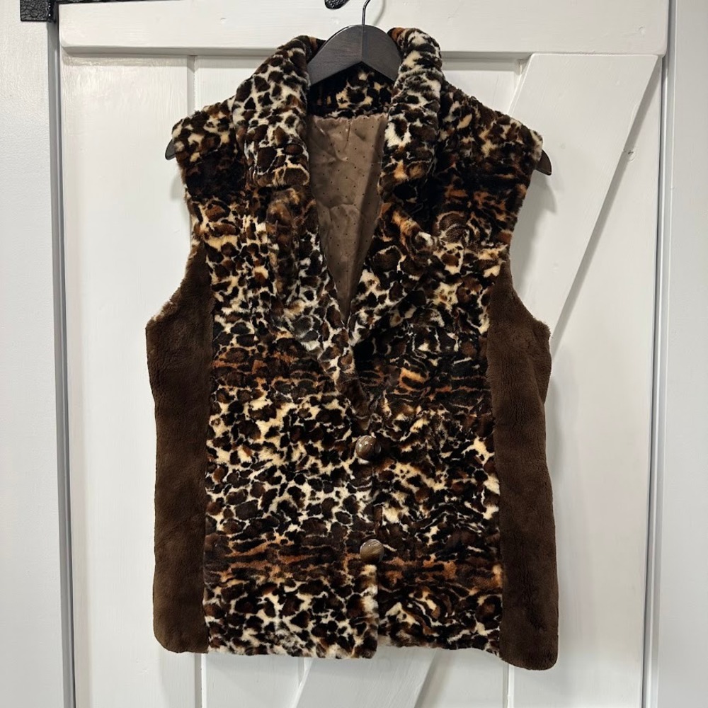 Vintage Womens Vest Leopard Print Faux Fur Vest Brown Side Panels Lined Mob Wife